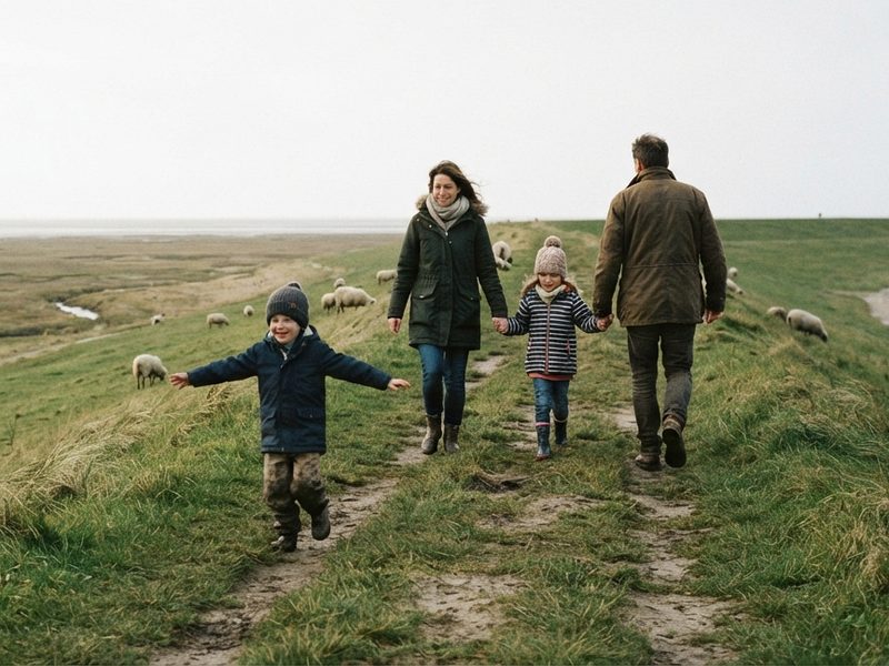 Eine Familie geht bei Wind über einen Deichweg zwischen grasenden Schafen, das jüngste Kind läuft mit ausgebreiteten Armen voraus.
