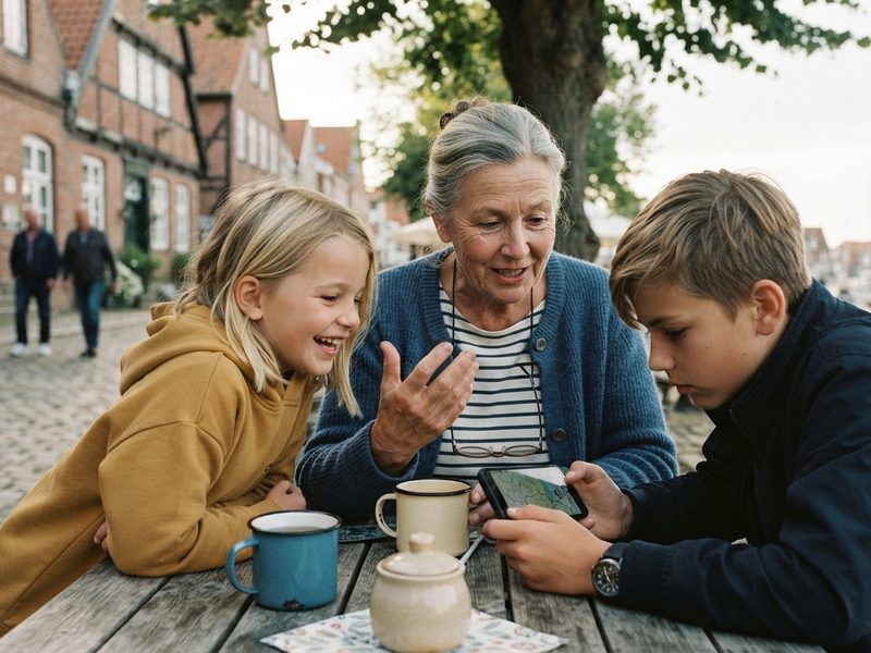 Zwei Kinder und ihre Großmutter sitzen an einem Holztisch über einem Handy; die Großmutter erklärt etwas, das Mädchen lacht.