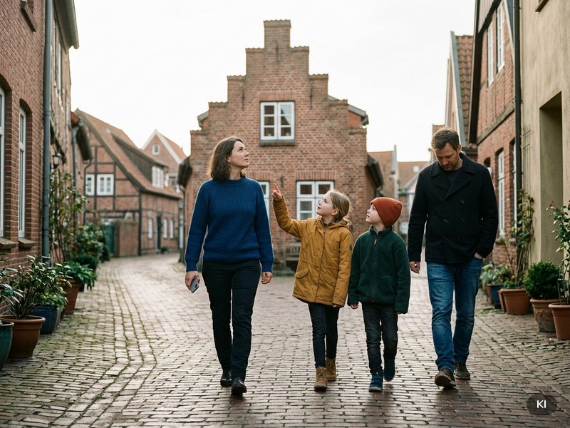 Eine Familie geht eine gepflasterte Gasse entlang; die Mutter hält ein Handy in der Hand, die ältere Tochter zeigt hinauf zu einem Treppengiebel.